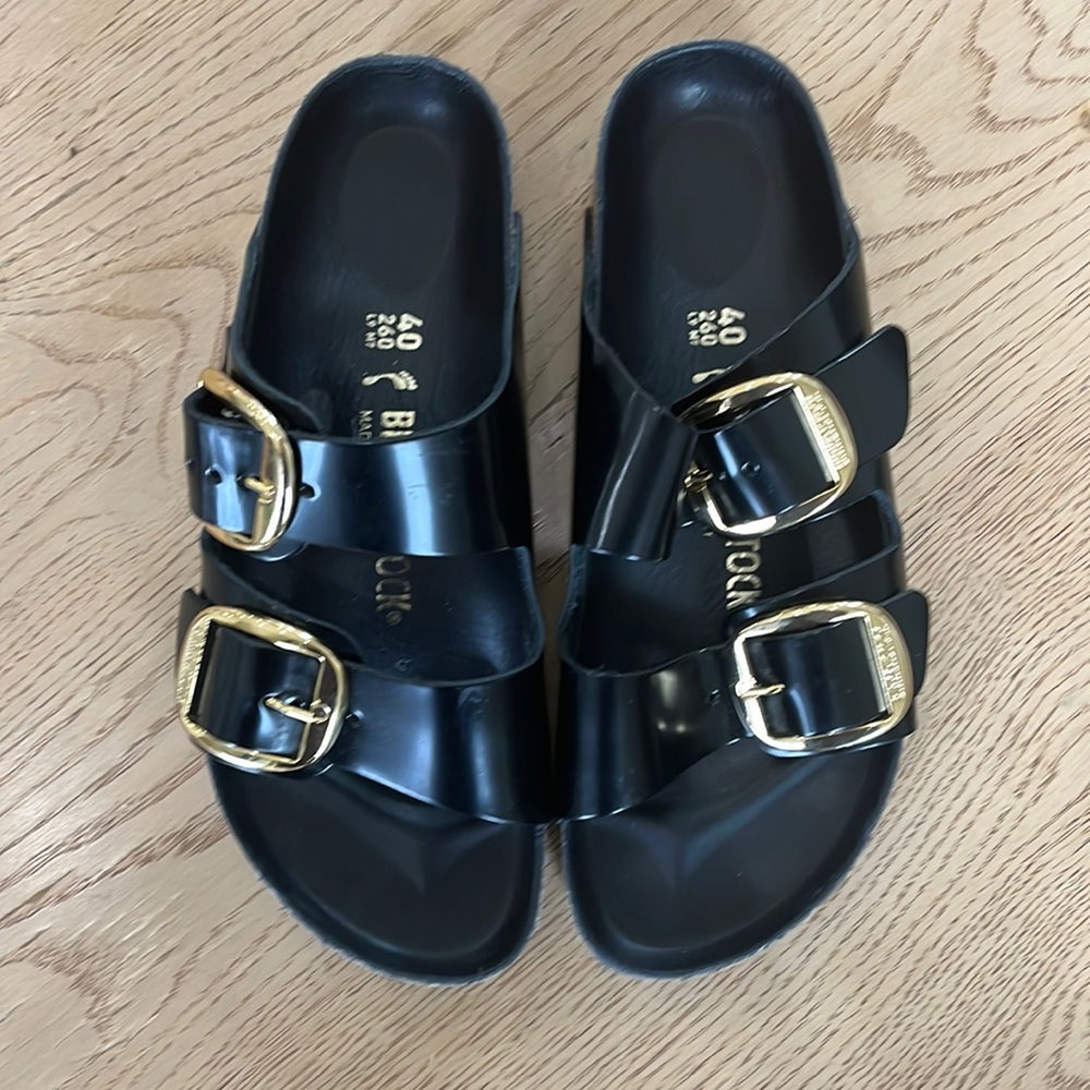 - Womens patent black leather Birkenstocks big gold buckle size 40 9 nwot
